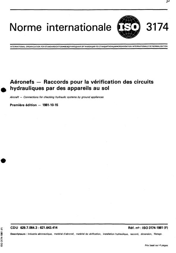 ISO 3174:1981 - Aéronefs -- Raccords pour la vérification des circuits hydrauliques par des appareils au sol