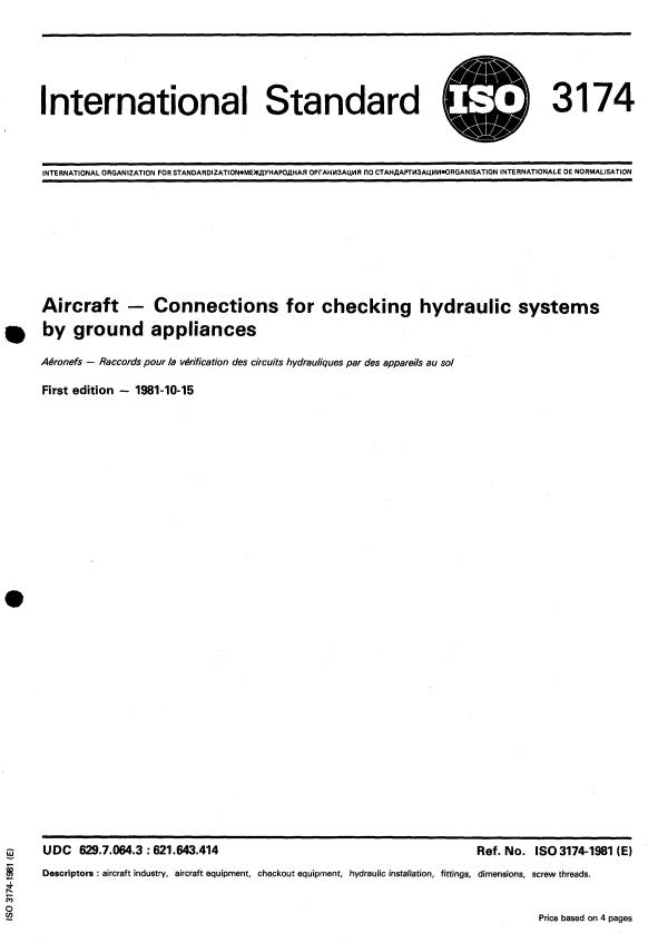 ISO 3174:1981 - Aircraft -- Connections for checking hydraulic systems by ground appliances