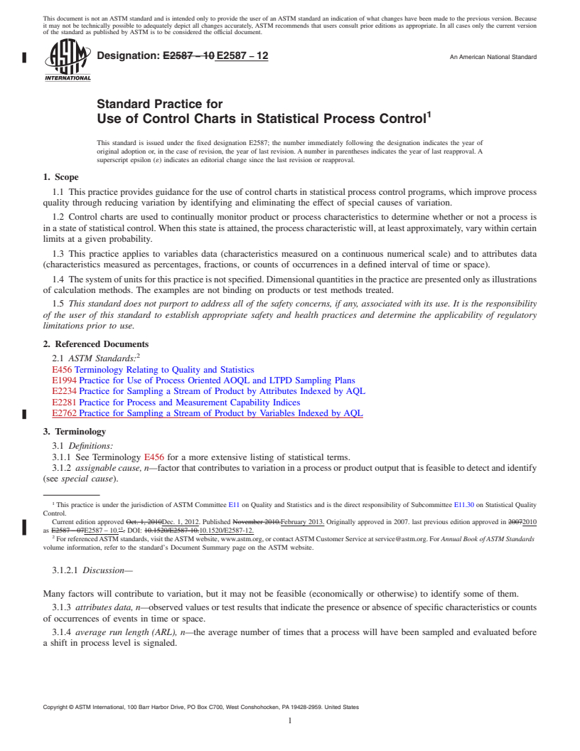 REDLINE ASTM E2587-12 - Standard Practice for  Use of Control Charts in Statistical Process Control