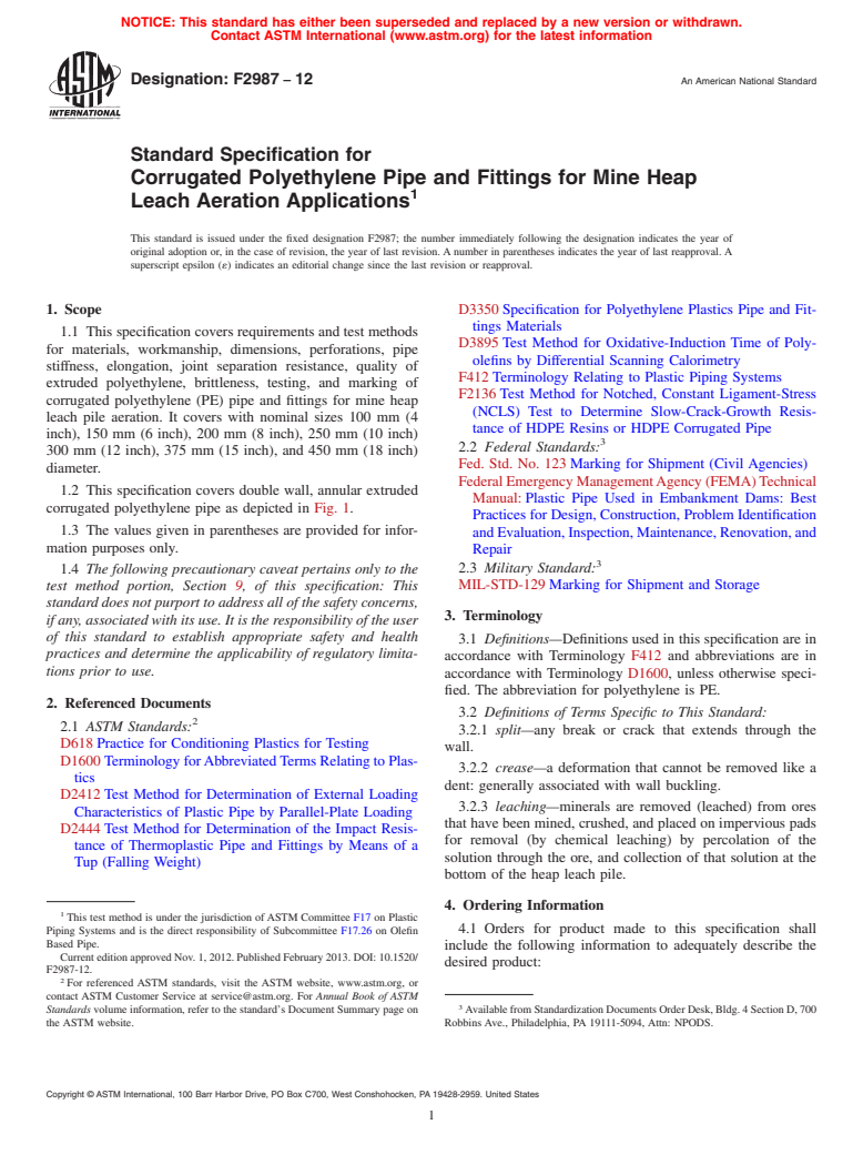 ASTM F2987-12 - Standard Specification for Corrugated Polyethylene Pipe and Fittings for Mine Heap Leach  Aeration Applications