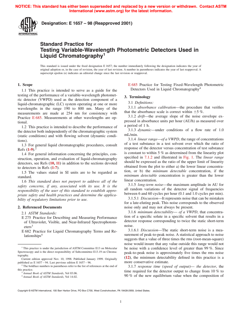 ASTM E1657-98(2001) - Standard Practice for Testing Variable-Wavelength Photometric Detectors Used in Liquid Chromatography