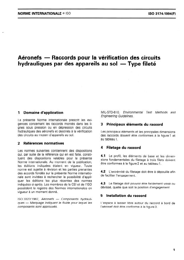 ISO 3174:1994 - Aéronefs -- Raccords pour la vérification des circuits hydrauliques par des appareils au sol -- Type fileté