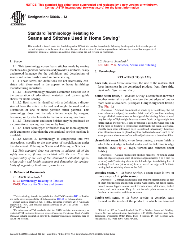 ASTM D5646-13 - Standard Terminology Relating to  Seams and Stitches Used in Home Sewing