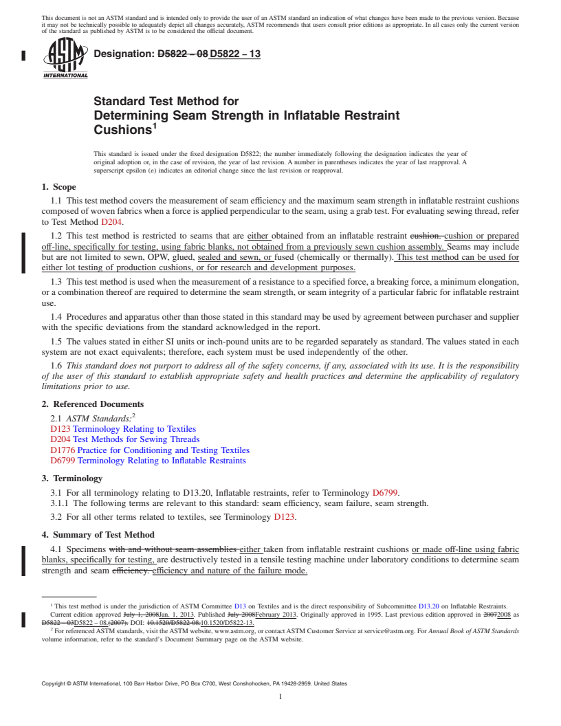 REDLINE ASTM D5822-13 - Standard Test Method for  Determining Seam Strength in Inflatable Restraint Cushions