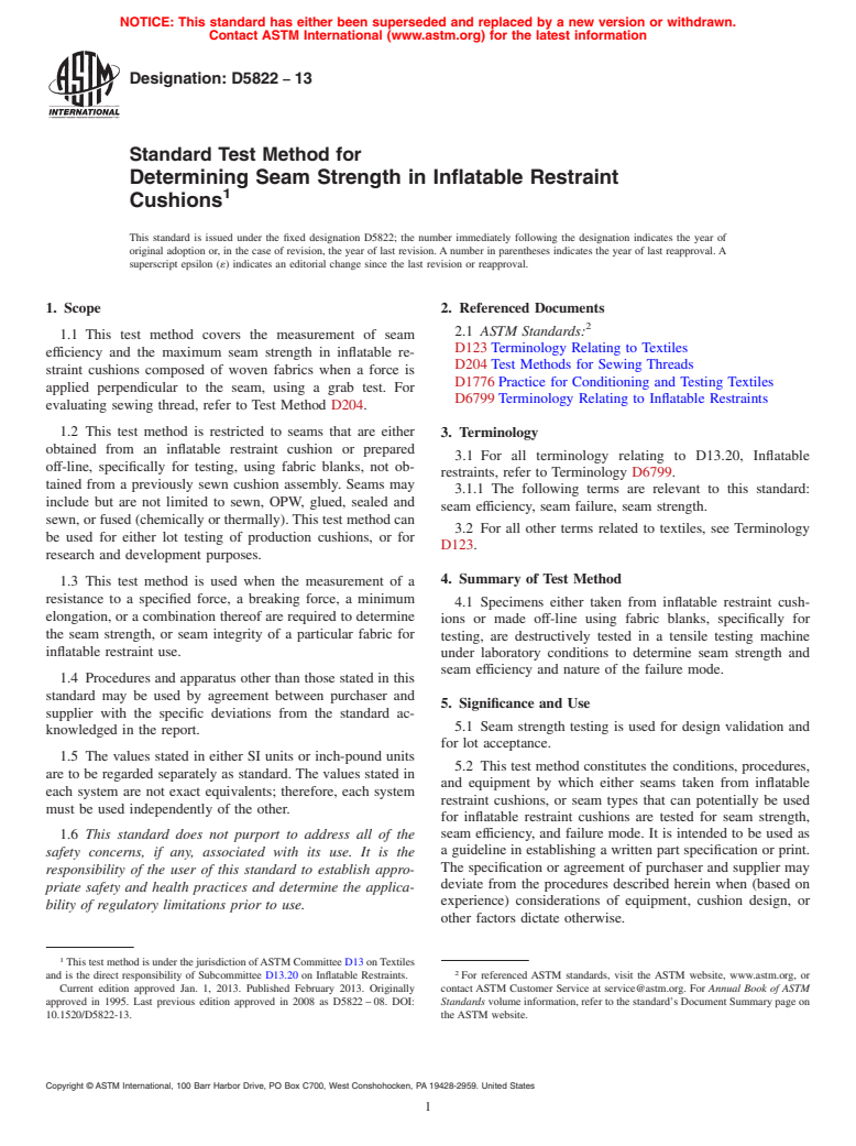 ASTM D5822-13 - Standard Test Method for  Determining Seam Strength in Inflatable Restraint Cushions