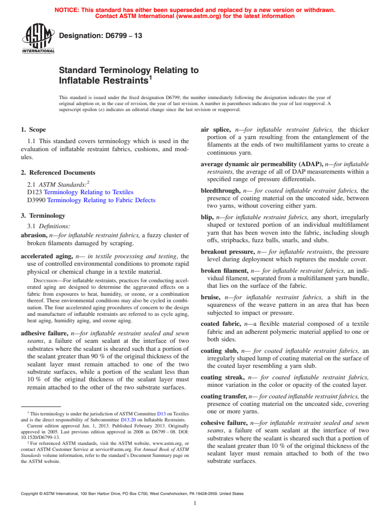 ASTM D6799-13 - Standard Terminology Relating to  Inflatable Restraints