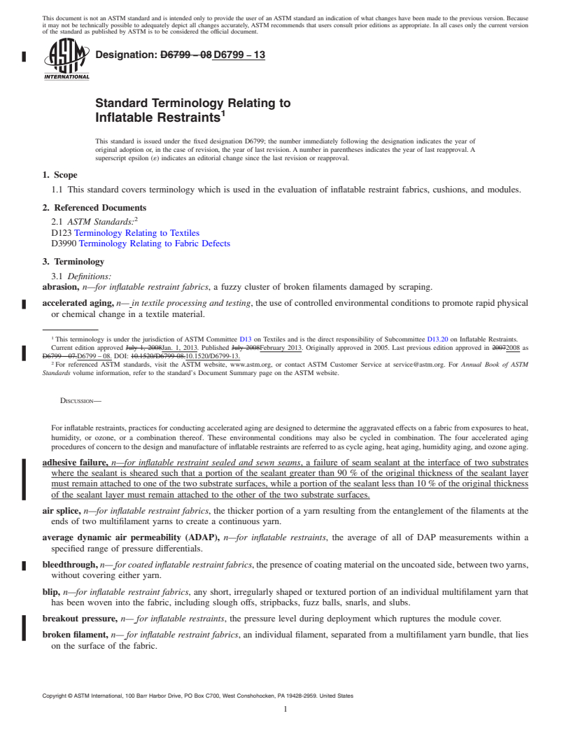 REDLINE ASTM D6799-13 - Standard Terminology Relating to  Inflatable Restraints