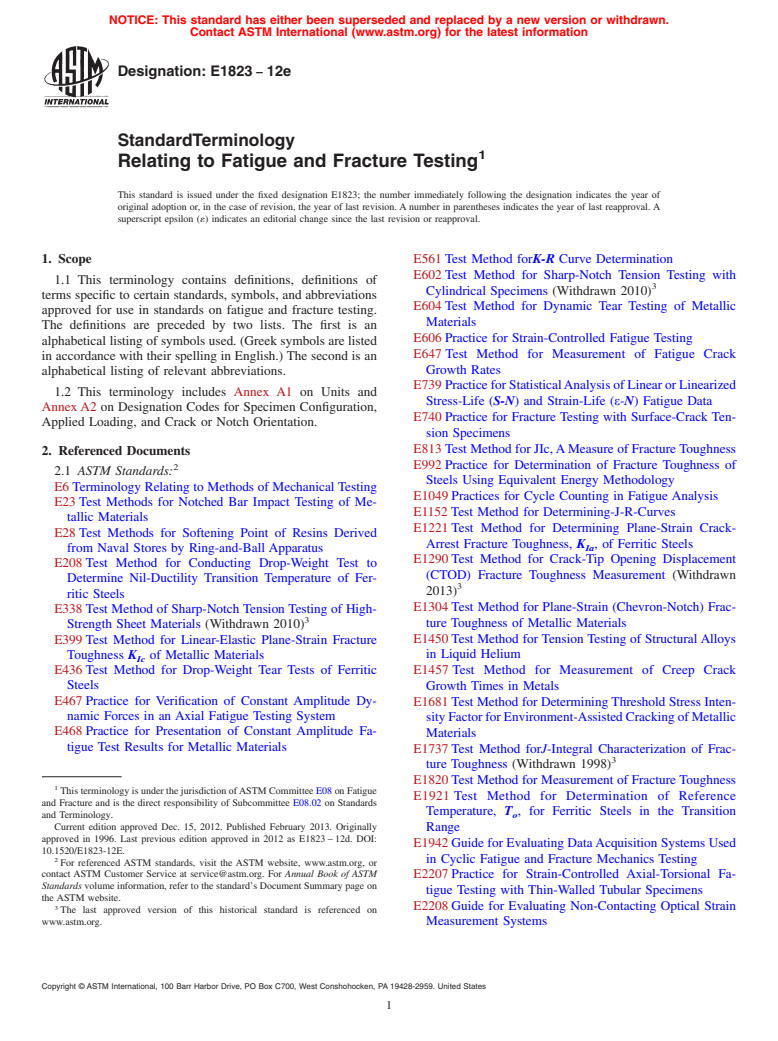 ASTM E1823-12e - Standard Terminology  Relating to Fatigue and Fracture Testing