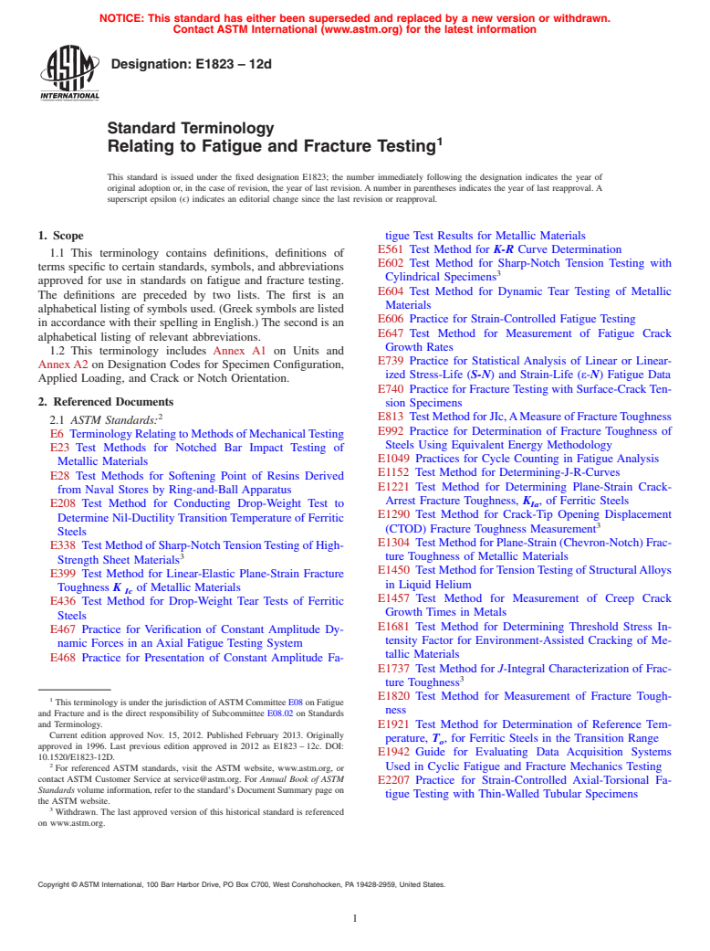 ASTM E1823-12d - Standard Terminology  Relating to Fatigue and Fracture Testing