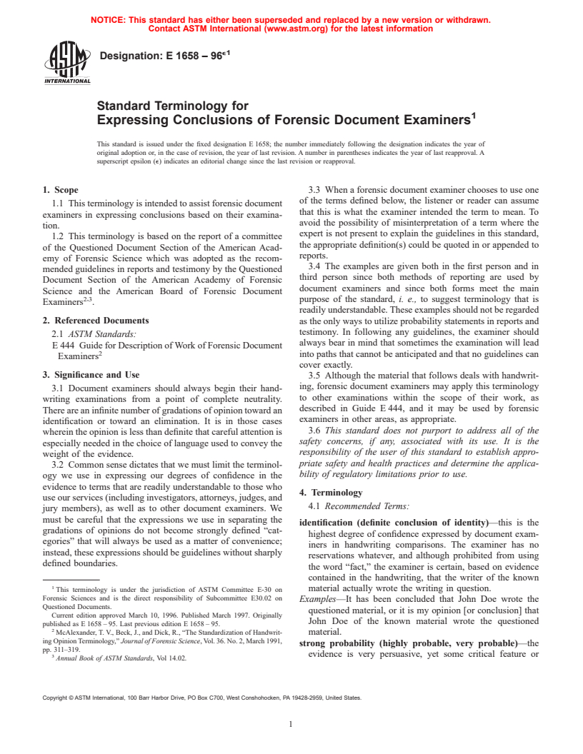 ASTM E1658-96e1 - Standard Terminology for Expressing Conclusions of Forensic Document Examiners