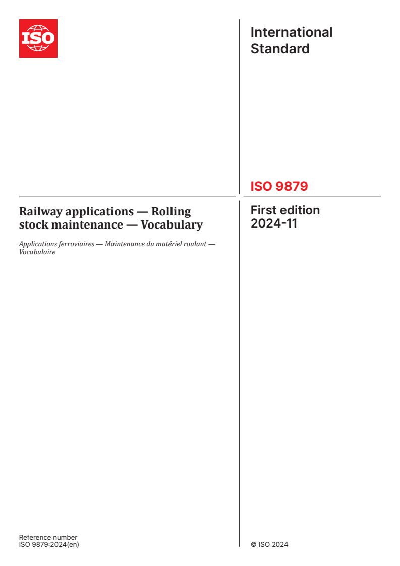 ISO 9879:2024 - Railway applications — Rolling stock maintenance — Vocabulary
Released:11/19/2024