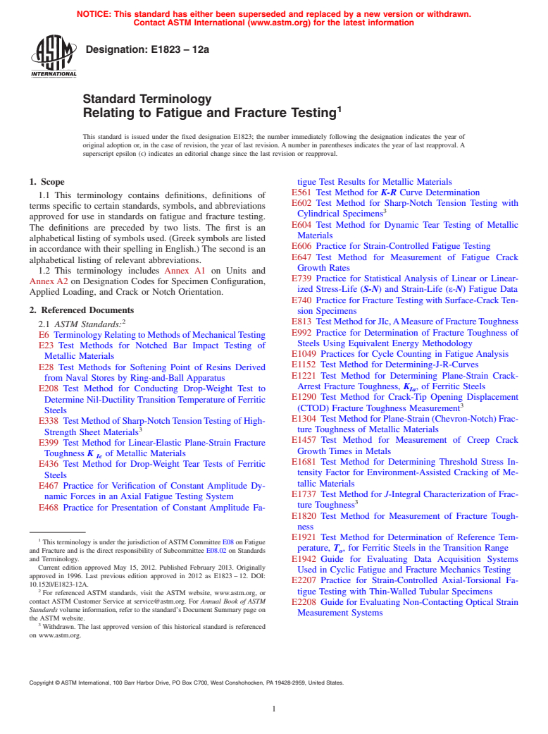 ASTM E1823-12a - Standard Terminology  Relating to Fatigue and Fracture Testing