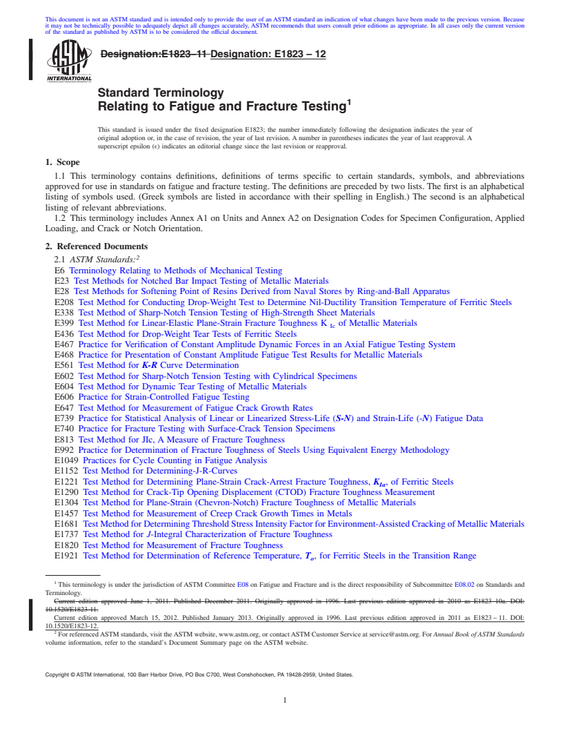 REDLINE ASTM E1823-12 - Standard Terminology  Relating to Fatigue and Fracture Testing