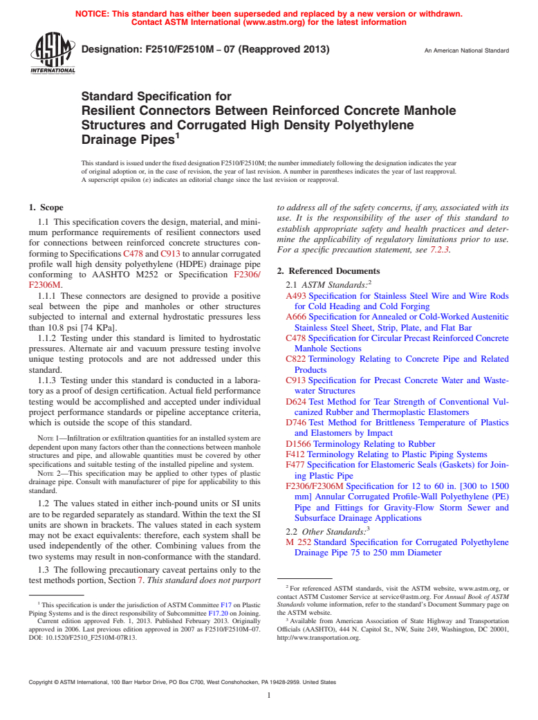 ASTM F2510/F2510M-07(2013) - Standard Specification for  Resilient Connectors Between Reinforced Concrete Manhole Structures  and Corrugated High Density Polyethylene Drainage Pipes