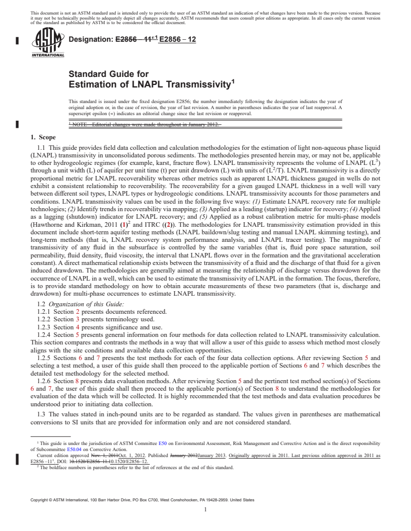 REDLINE ASTM E2856-12 - Standard Guide for Estimation of LNAPL Transmissivity