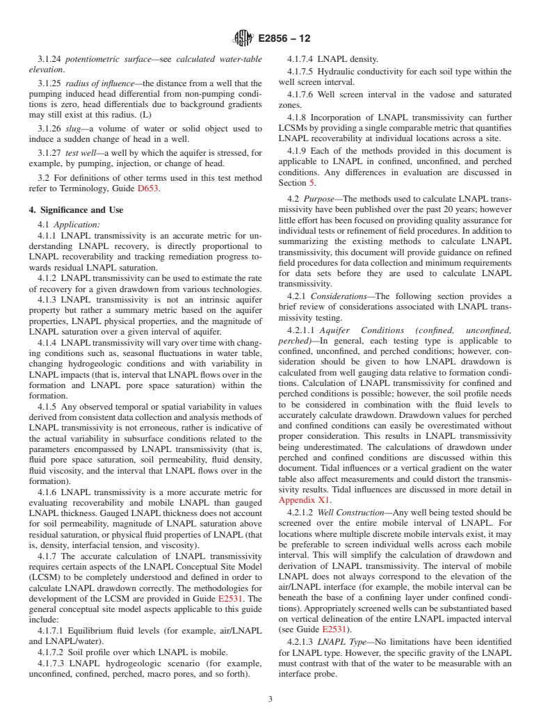 ASTM E2856-12 - Standard Guide for Estimation of LNAPL Transmissivity