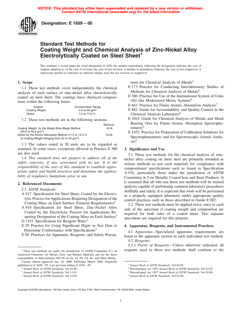 ASTM E1659-00 - Standard Test Methods Coating Weight and Chemical Analysis of Zinc-Nickel Alloy Electrolytically Coated on Steel Sheet