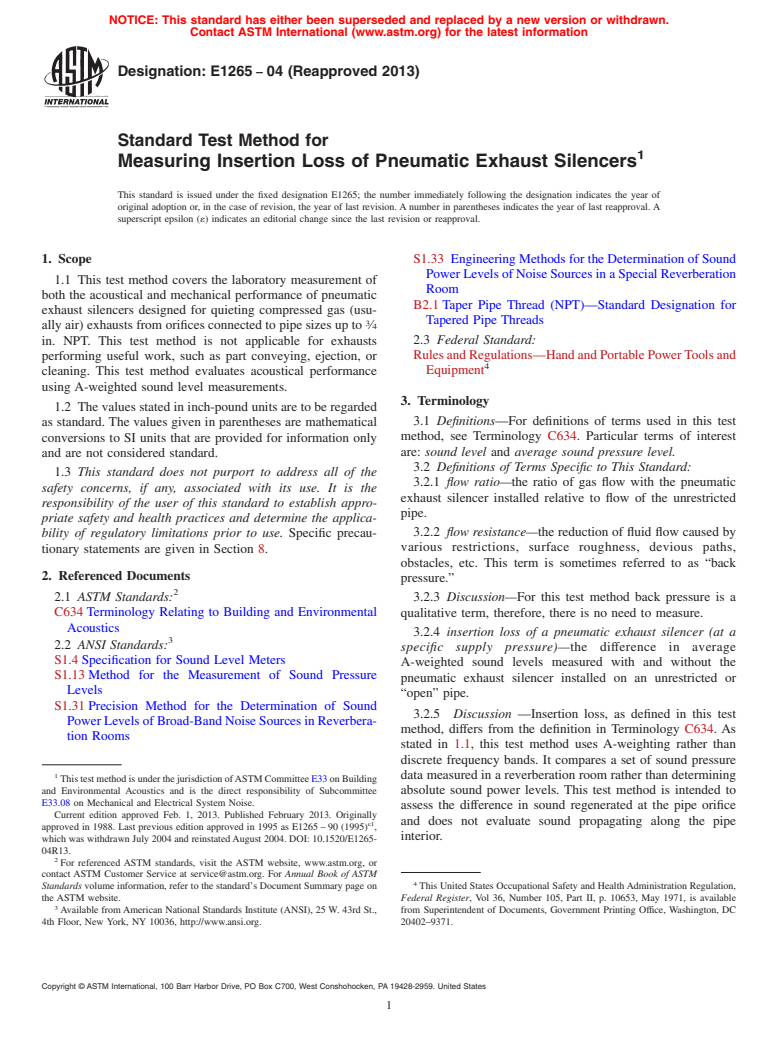 ASTM E1265-04(2013) - Standard Test Method for  Measuring Insertion Loss of Pneumatic Exhaust Silencers