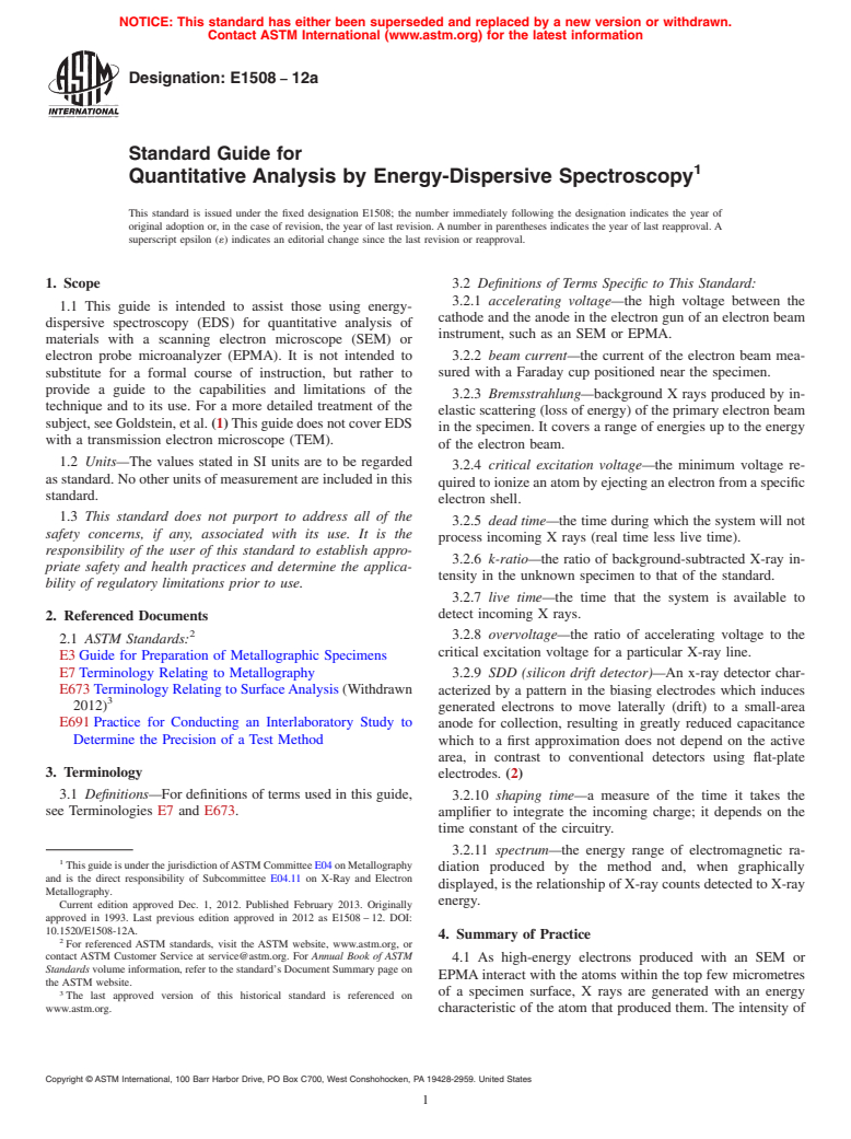 ASTM E1508-12a - Standard Guide for  Quantitative Analysis by Energy-Dispersive Spectroscopy