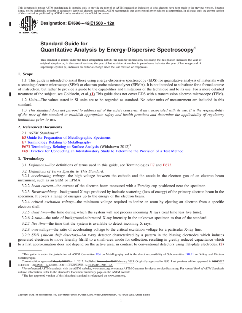 REDLINE ASTM E1508-12a - Standard Guide for  Quantitative Analysis by Energy-Dispersive Spectroscopy