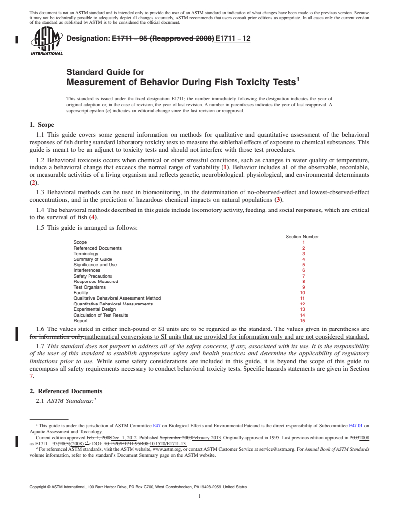 REDLINE ASTM E1711-12 - Standard Guide for  Measurement of Behavior During Fish Toxicity Tests