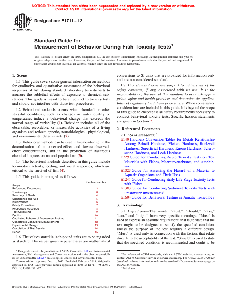 ASTM E1711-12 - Standard Guide for  Measurement of Behavior During Fish Toxicity Tests