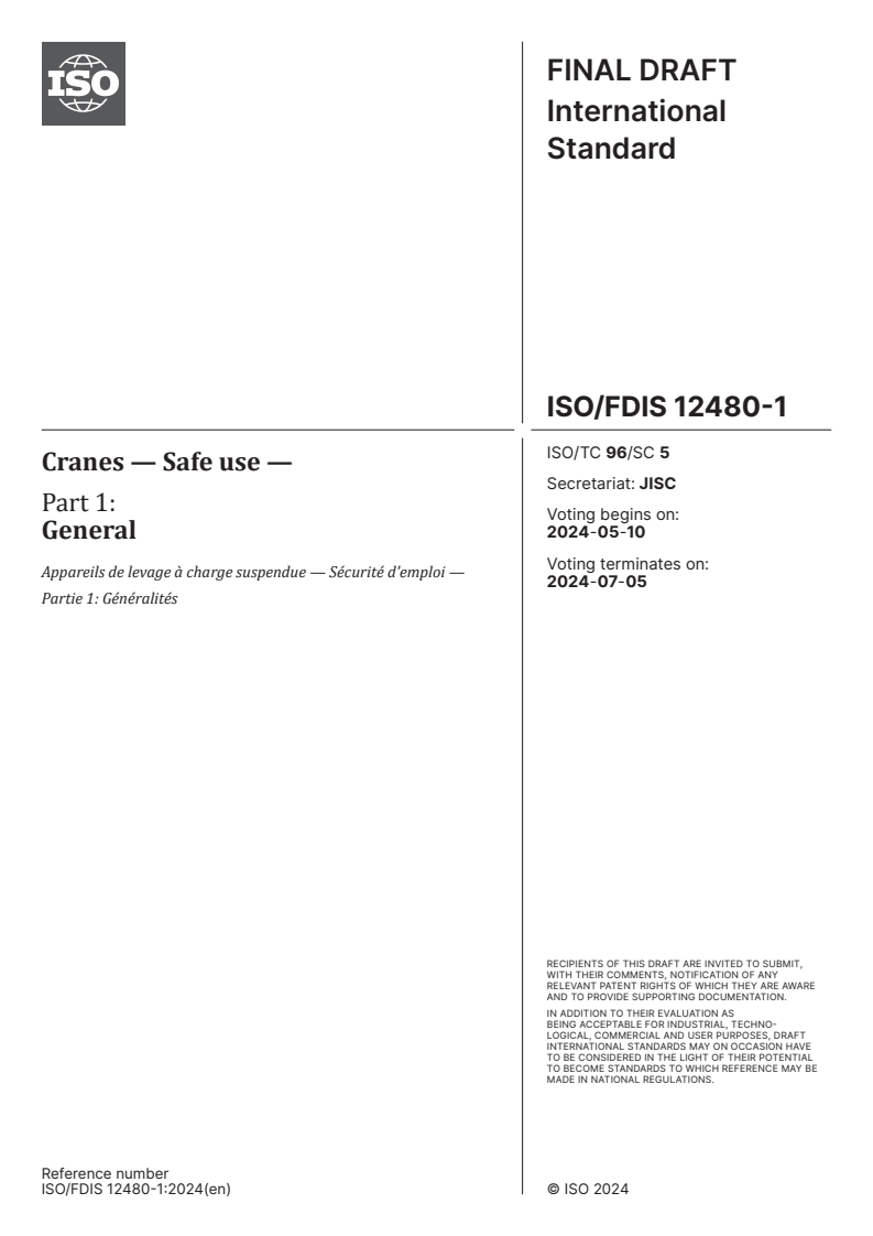 ISO/FDIS 12480-1 - Cranes — Safe use — Part 1: General
Released:26. 04. 2024