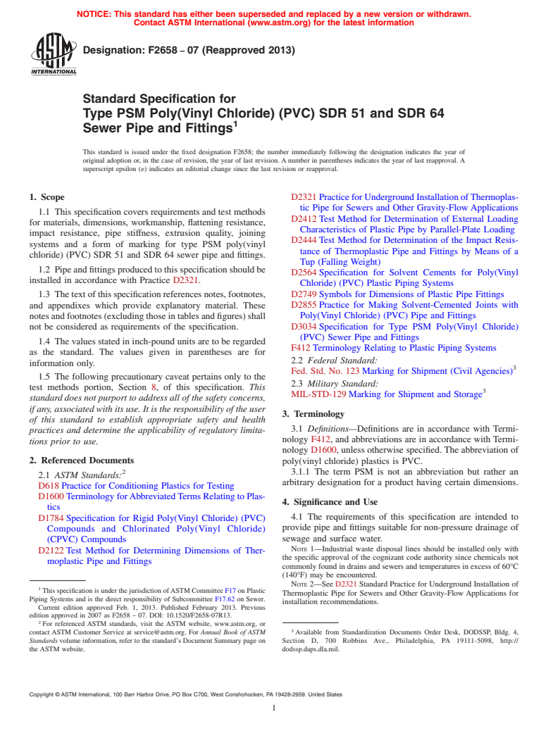 ASTM F2658-07(2013) - Standard Specification for  Type PSM Poly(Vinyl Chloride) (PVC) SDR 51 and SDR 64 Sewer  Pipe and Fittings