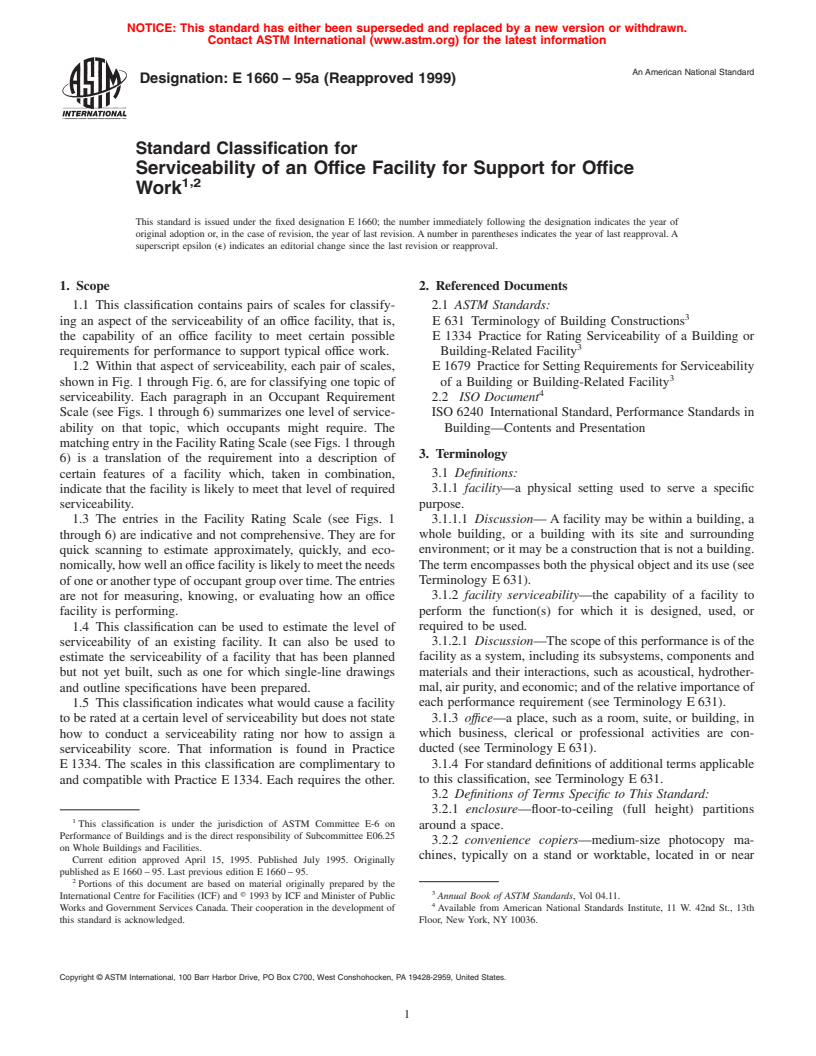 ASTM E1660-95a(1999) - Standard Classification for Serviceability of an Office Facility for Support for Office Work