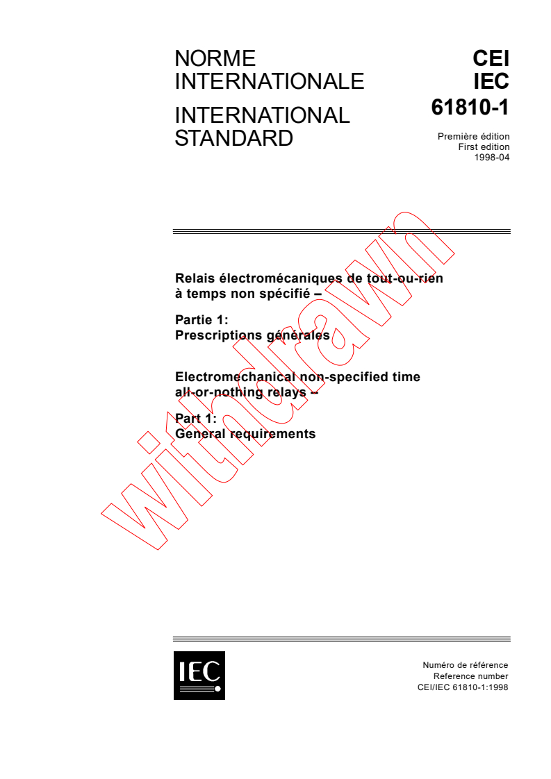 IEC 61810-1:1998 - Electromechanical non-specified time all-or-nothing relays - Part 1: General requirements
Released:4/23/1998
Isbn:2831843510