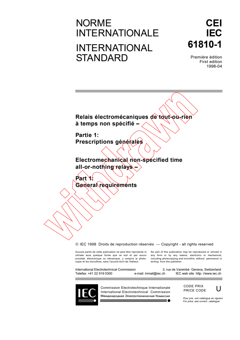 IEC 61810-1:1998 - Electromechanical non-specified time all-or-nothing relays - Part 1: General requirements
Released:4/23/1998
Isbn:2831843510