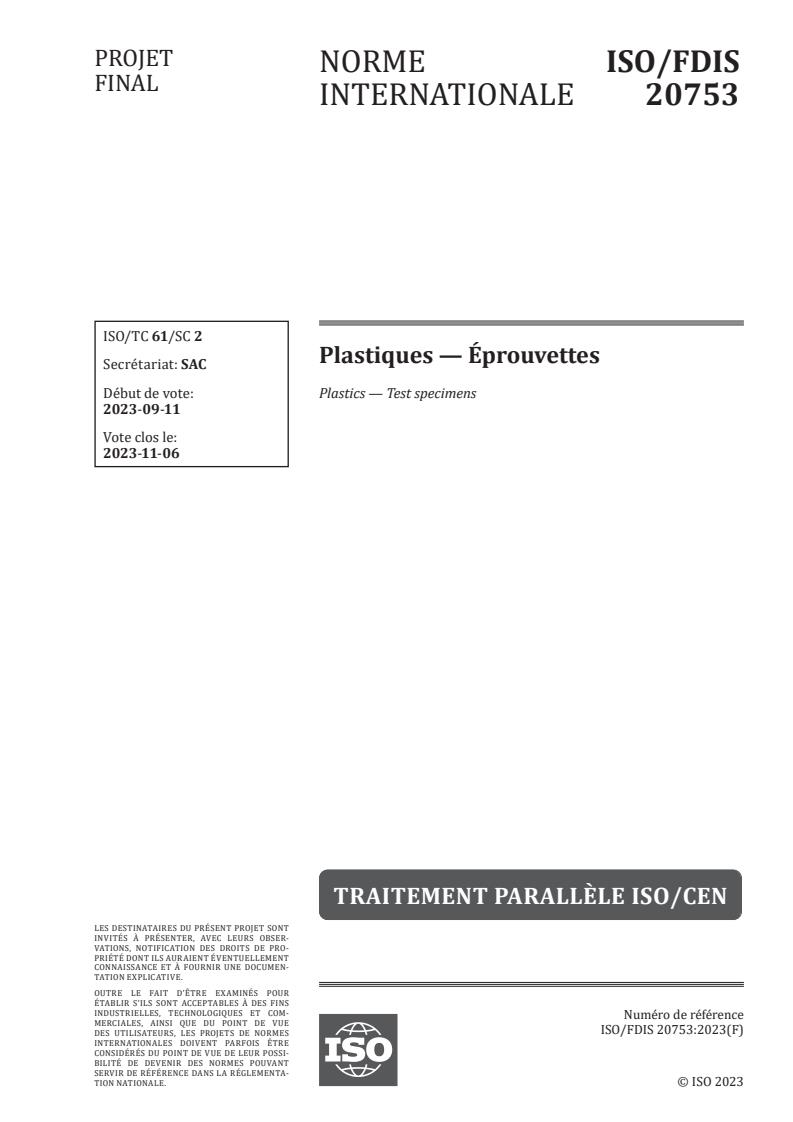 ISO/FDIS 20753 - Plastiques — Éprouvettes
Released:13. 09. 2023