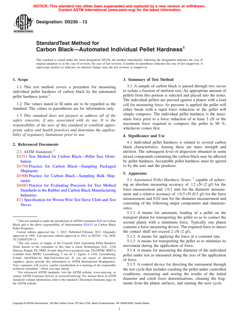 ASTM D5230-13 - Standard Test Method for  Carbon Black&mdash;Automated Individual Pellet Hardness