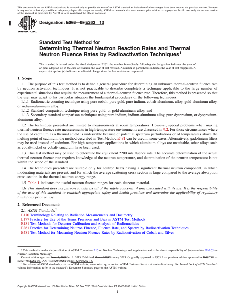 REDLINE ASTM E262-13 - Standard Test Method for  Determining Thermal Neutron Reaction Rates and Thermal Neutron  Fluence Rates by Radioactivation Techniques