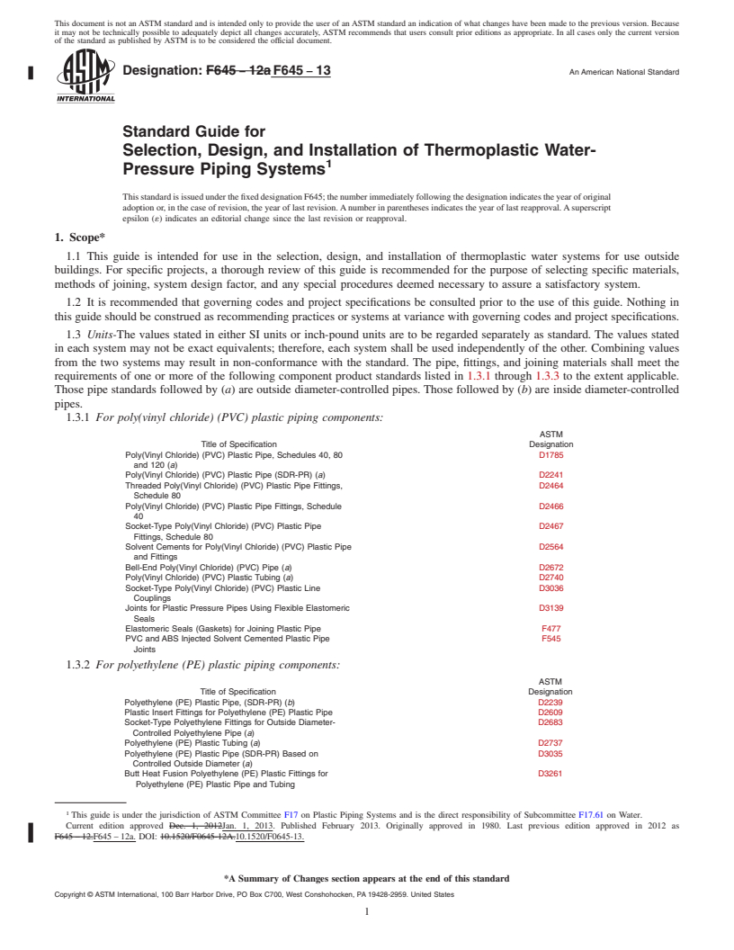 REDLINE ASTM F645-13 - Standard Guide for  Selection, Design, and Installation of Thermoplastic Water-  Pressure Piping Systems