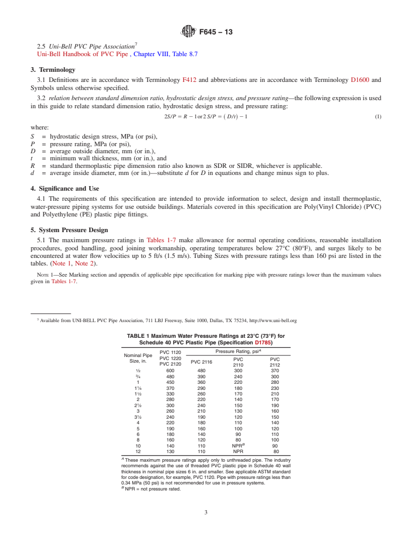 REDLINE ASTM F645-13 - Standard Guide for  Selection, Design, and Installation of Thermoplastic Water-  Pressure Piping Systems