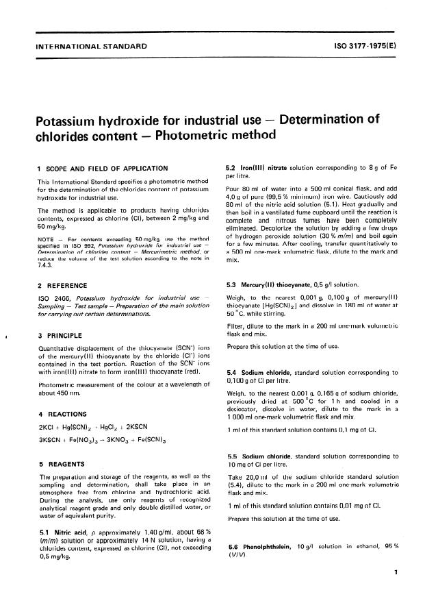 ISO 3177:1975 - Potassium hydroxide for industrial use -- Determination of chlorides content -- Photometric method