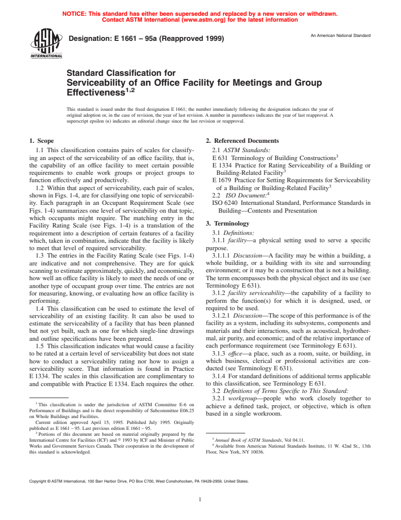 ASTM E1661-95a(1999) - Standard Classification for Serviceability of an Office Facility for Meetings and Group Effectiveness