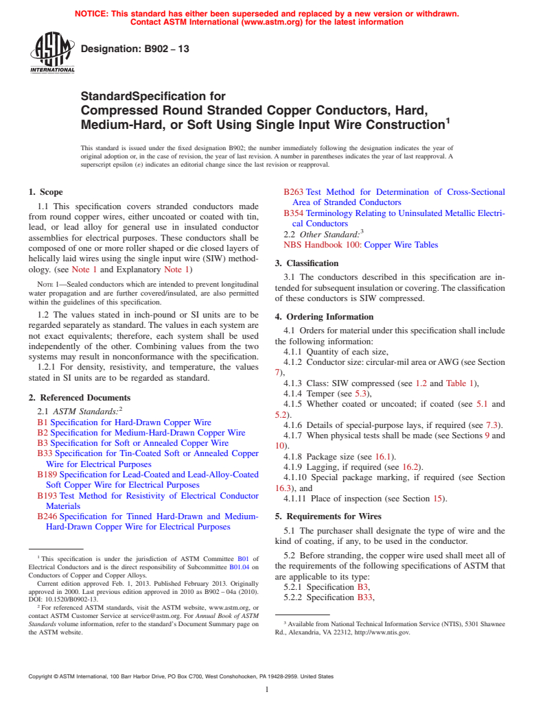 ASTM B902-13 - Standard Specification for  Compressed Round Stranded Copper Conductors, Hard, Medium-Hard,   or Soft Using Single Input Wire Construction