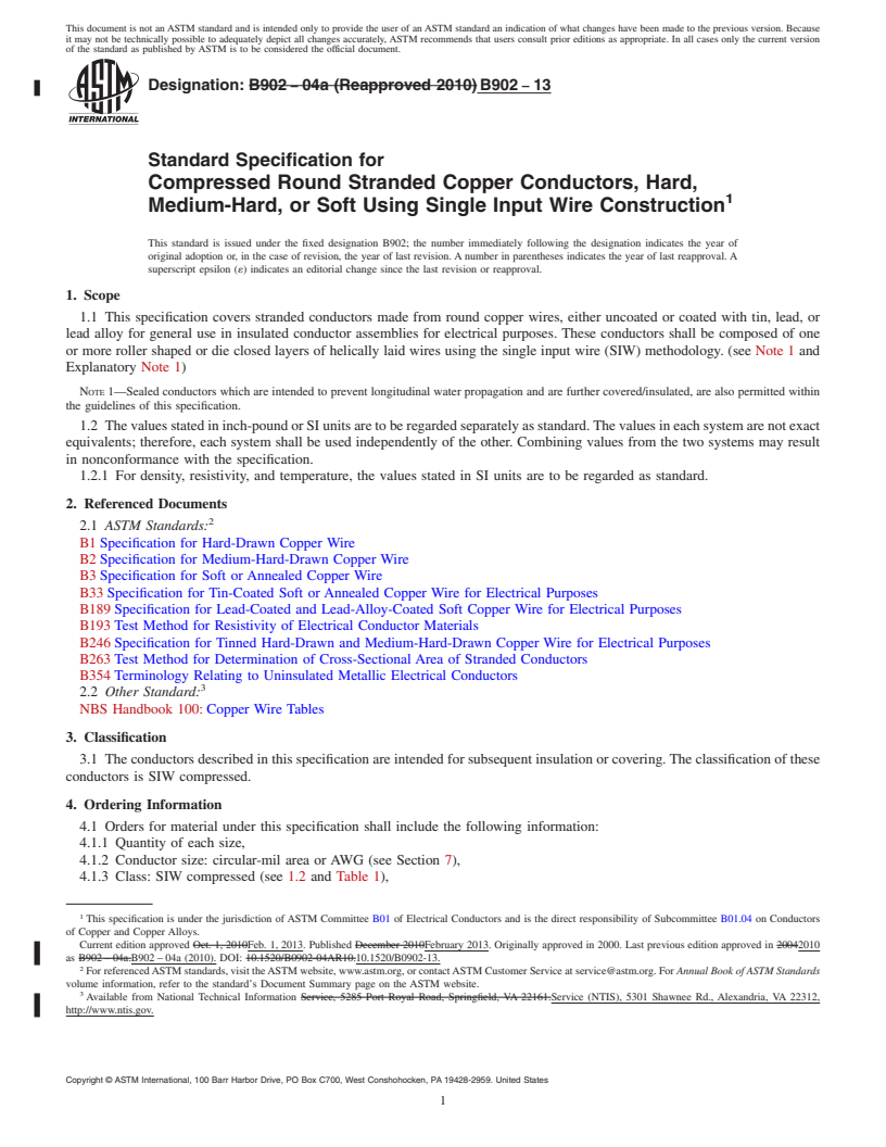 REDLINE ASTM B902-13 - Standard Specification for  Compressed Round Stranded Copper Conductors, Hard, Medium-Hard,   or Soft Using Single Input Wire Construction