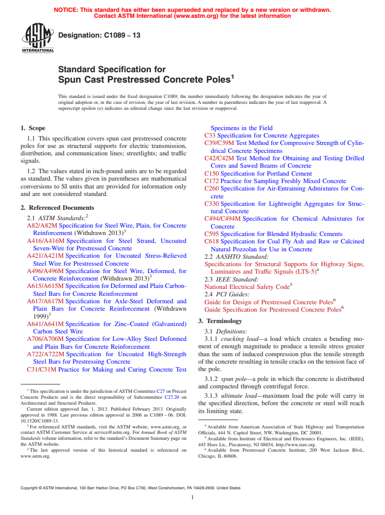 ASTM C1089-13 - Standard Specification for  Spun Cast Prestressed Concrete Poles