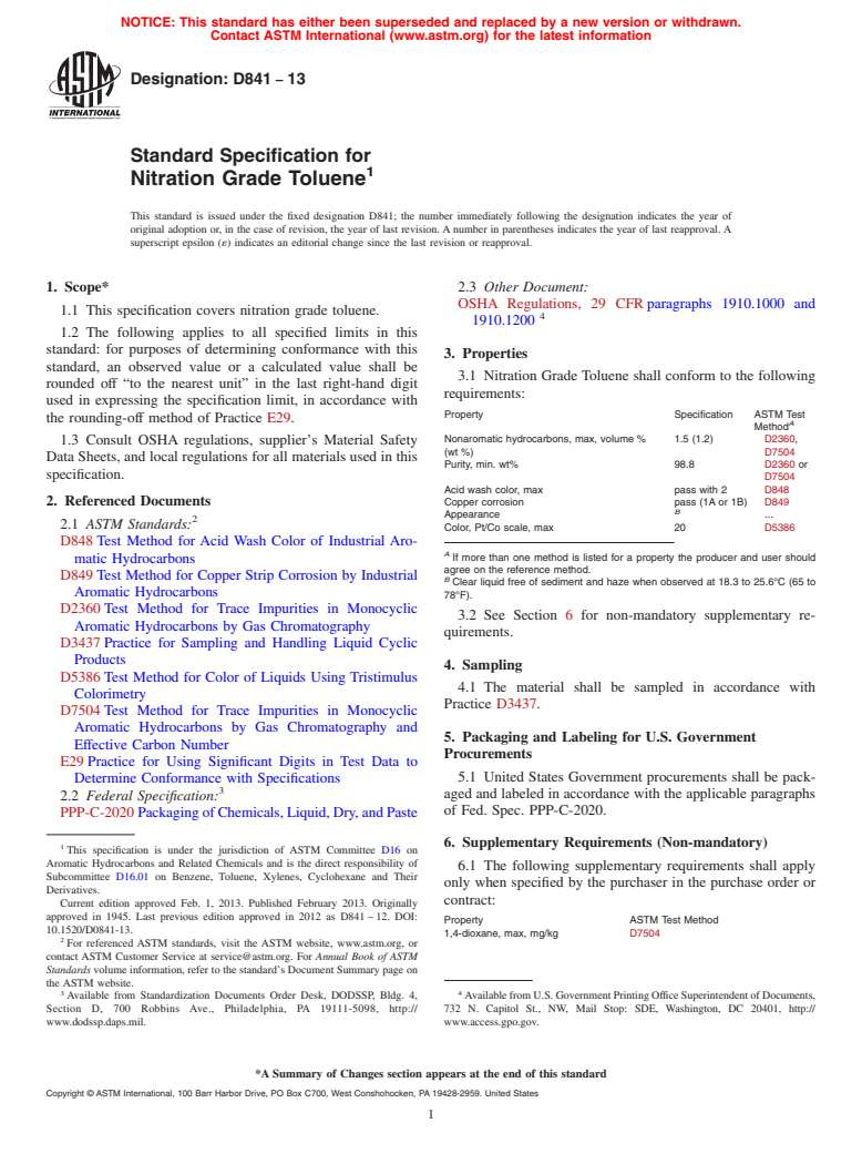 ASTM D841-13 - Standard Specification for Nitration Grade Toluene
