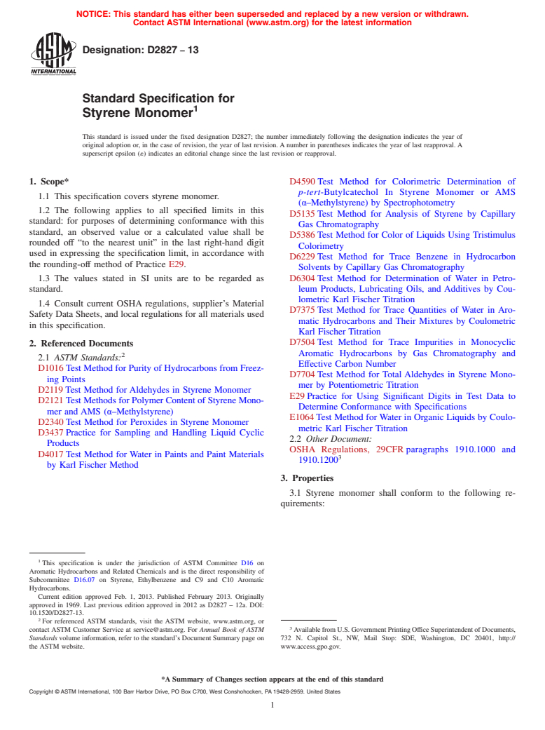 ASTM D2827-13 - Standard Specification for Styrene Monomer