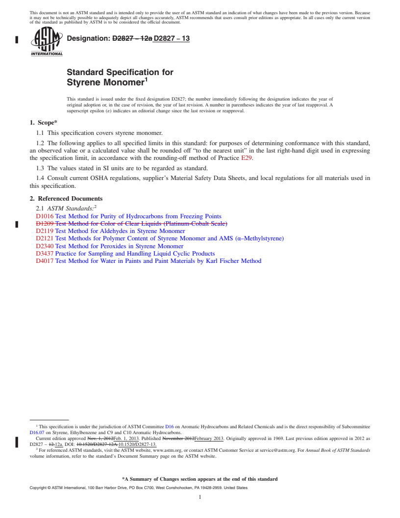 REDLINE ASTM D2827-13 - Standard Specification for Styrene Monomer
