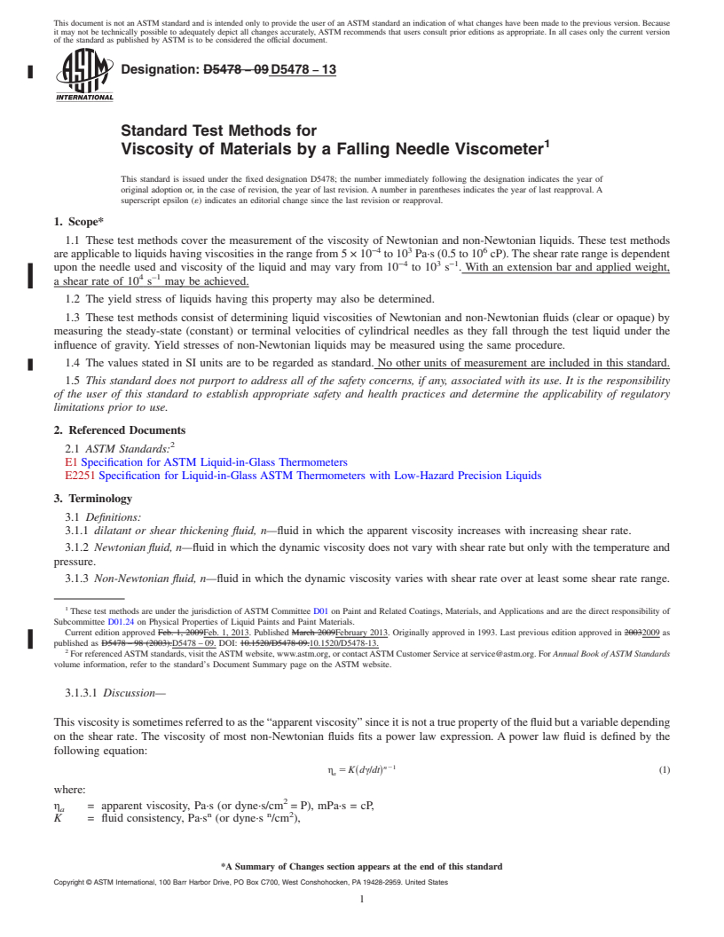 REDLINE ASTM D5478-13 - Standard Test Methods for Viscosity of Materials by a Falling Needle Viscometer