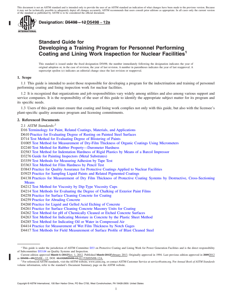 REDLINE ASTM D5498-12a - Standard Guide for Developing a Training Program for Personnel Performing Coating   and Lining Work    Inspection for Nuclear  Facilities