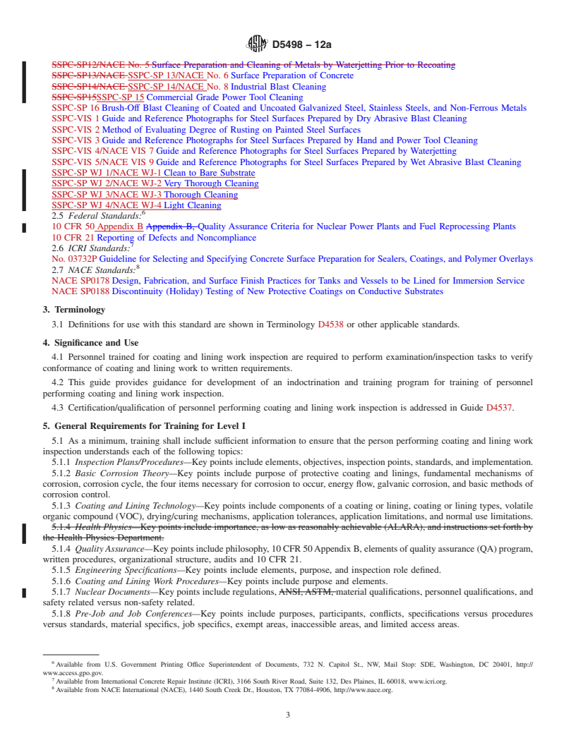 REDLINE ASTM D5498-12a - Standard Guide for Developing a Training Program for Personnel Performing Coating   and Lining Work    Inspection for Nuclear  Facilities