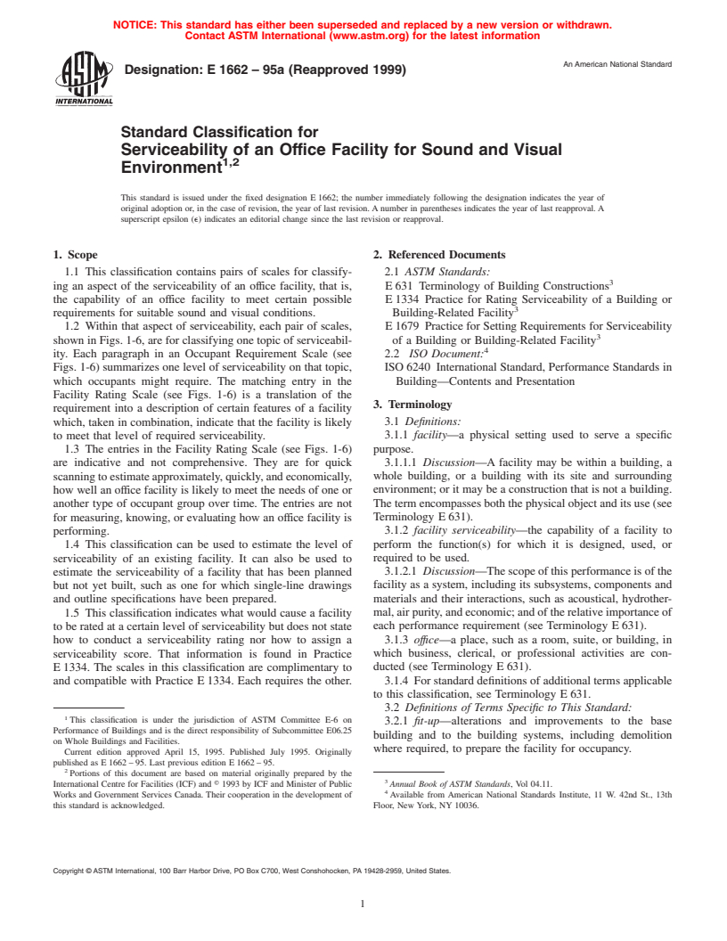 ASTM E1662-95a(1999) - Standard Classification for Serviceability of an Office Facility for Sound and Visual Environment