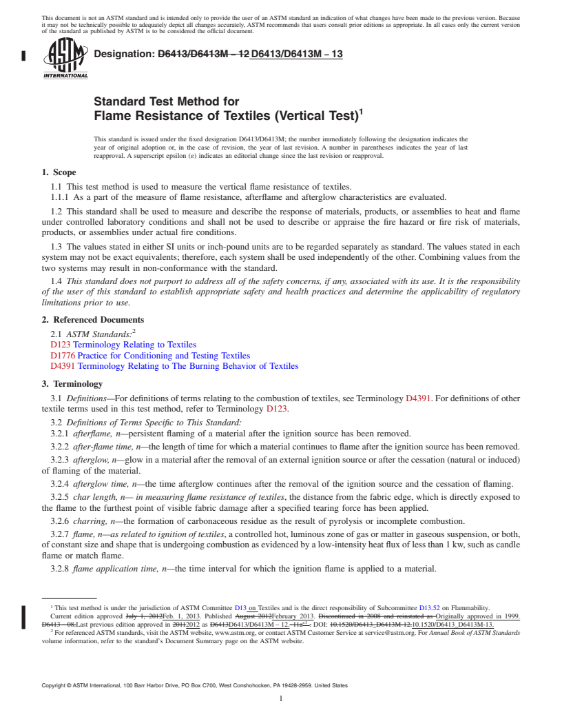 REDLINE ASTM D6413/D6413M-13 - Standard Test Method for  Flame Resistance of Textiles (Vertical Test)