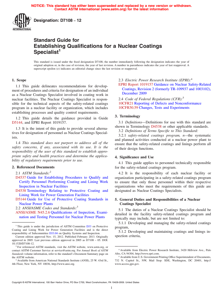 ASTM D7108-12 - Standard Guide for Establishing Qualifications for a Nuclear Coatings Specialist